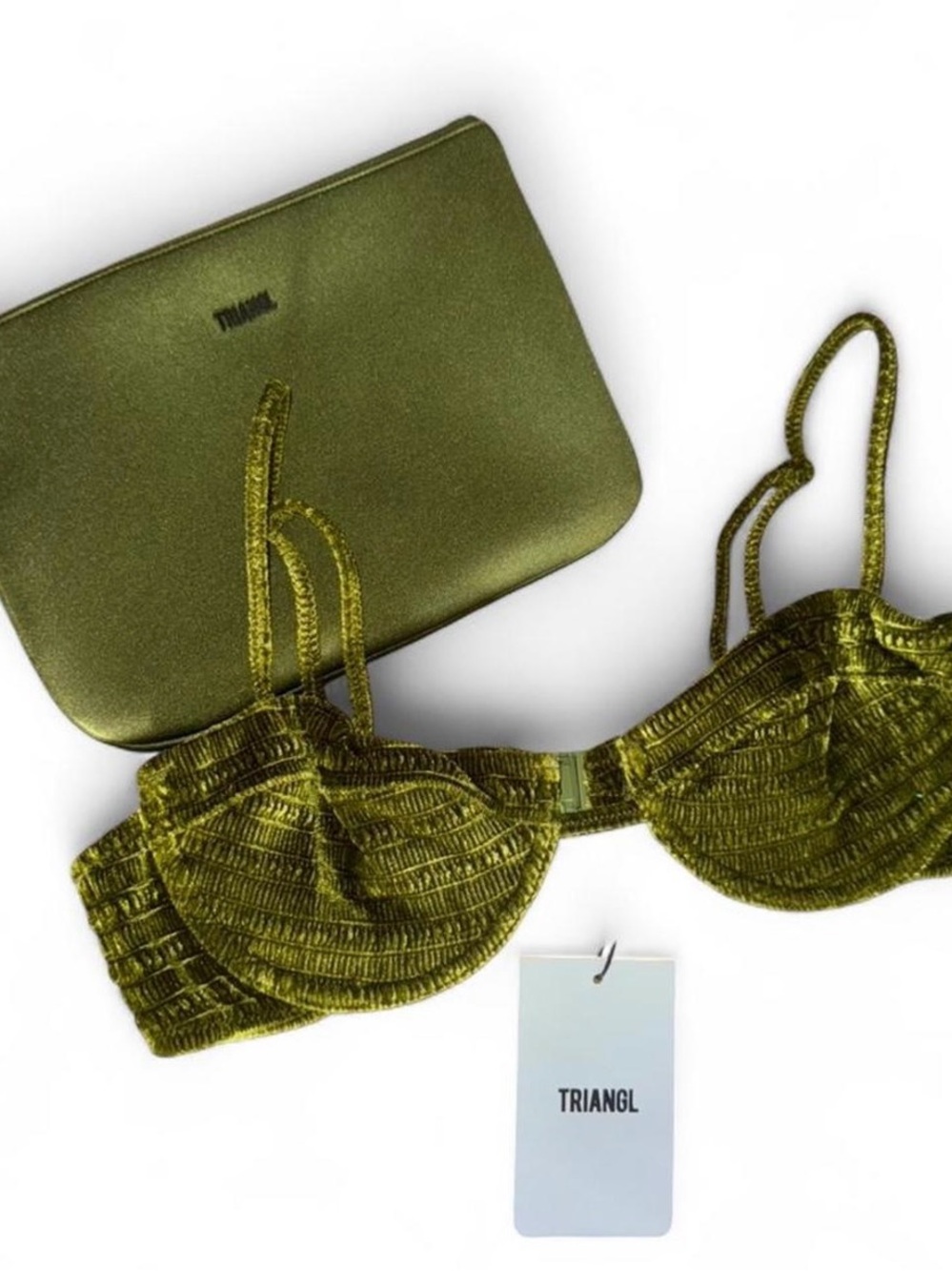 triangl swimwear olive green velvet-look bikini top